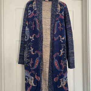 Chico’s Women’s Medium 1P Petite Blue Paisley Long Knit Cardigan Sweater Cottage